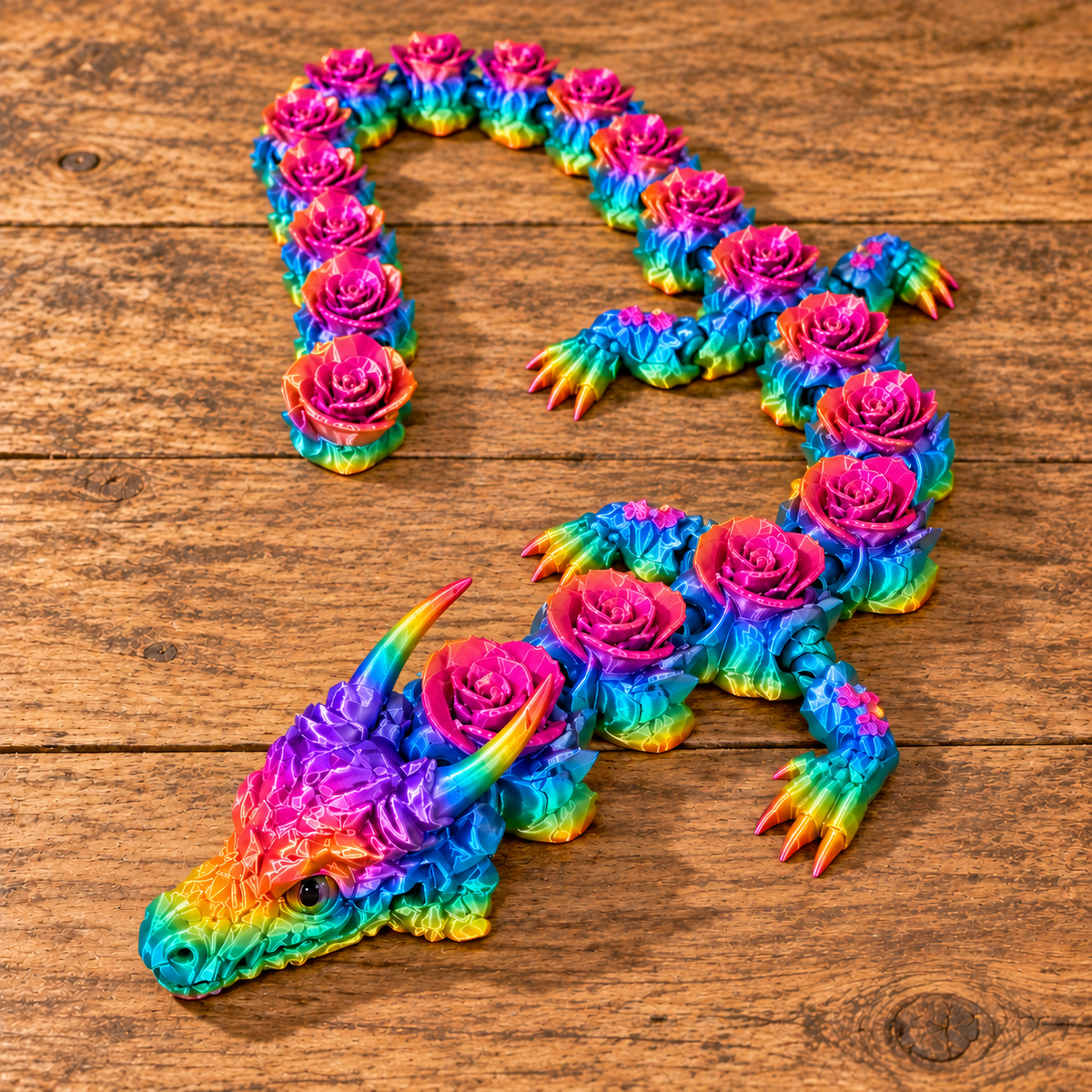 3D printed rose dragon on rustic wood background