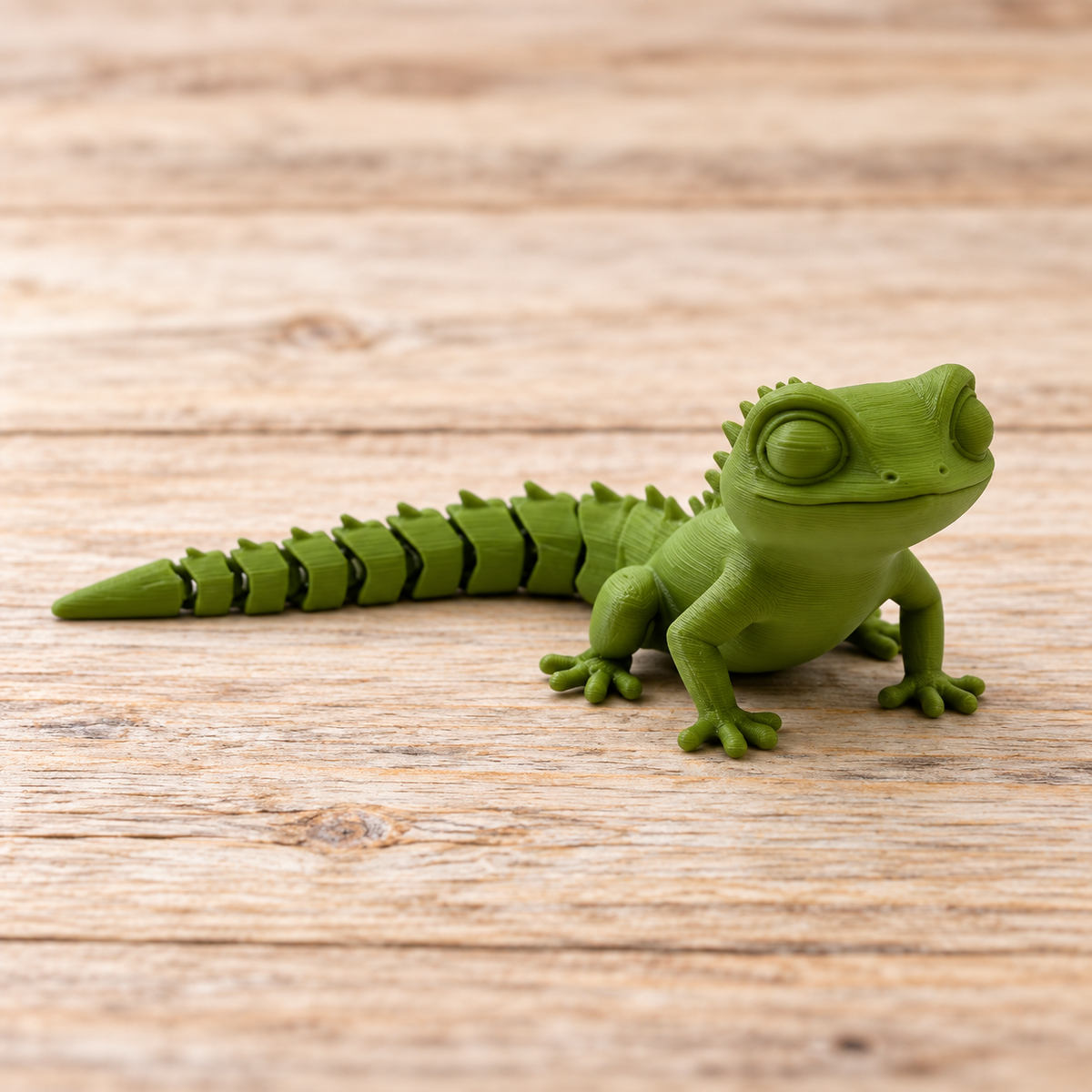 Green 3D printed articulated Baby Iguana on a rustic wood background