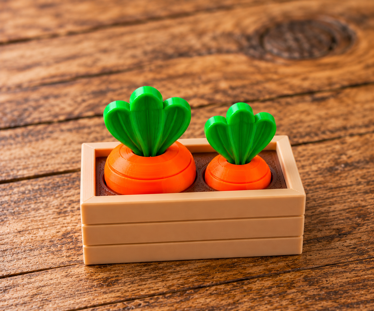 3D printed carrot garden fidget with one large and one small carrot in a compact planter on a wood tabletop