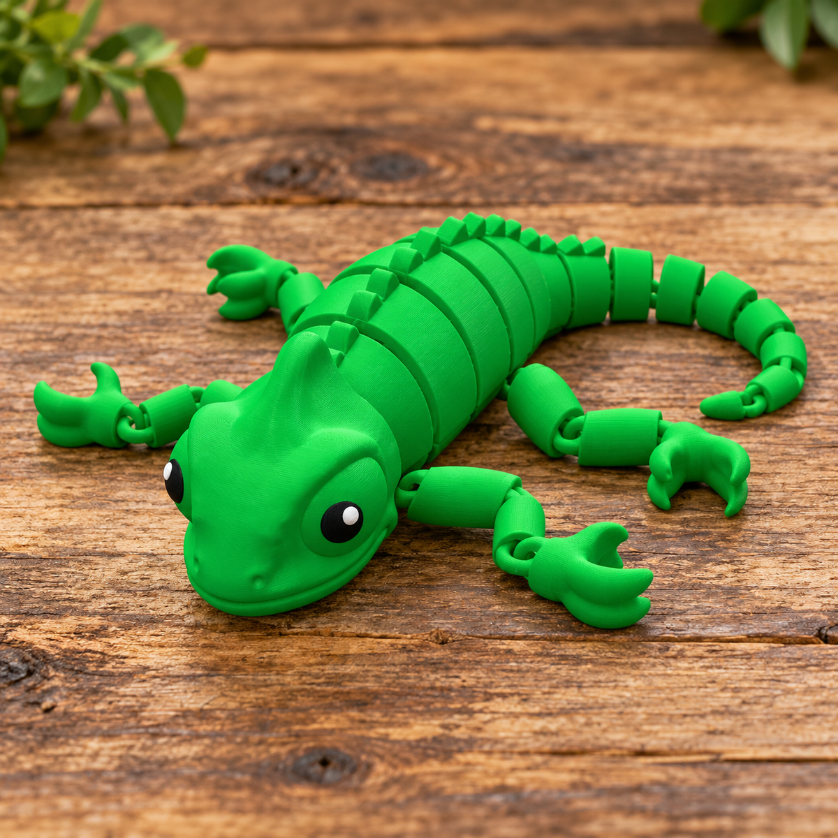 Green Flexi Chameleon 3D print on rustic wood background