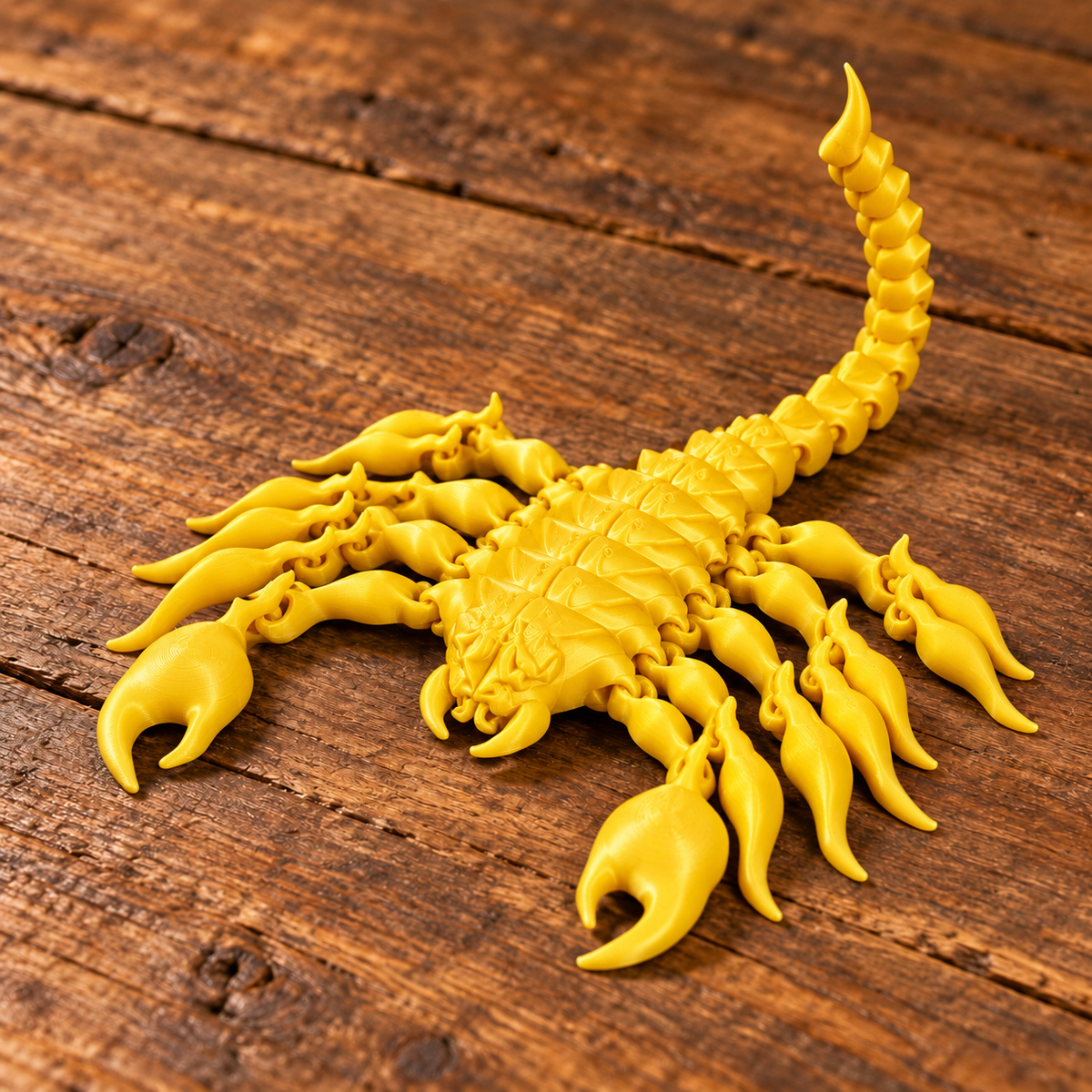 Flexi Scorpion in solid yellow on rustic wood background