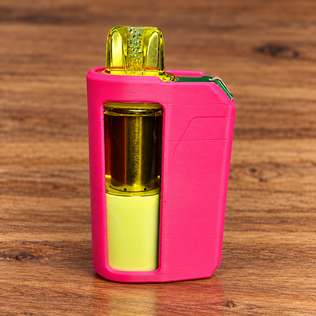 Hot pink 3D printed vape case holder on wood. Vape not included; case only.