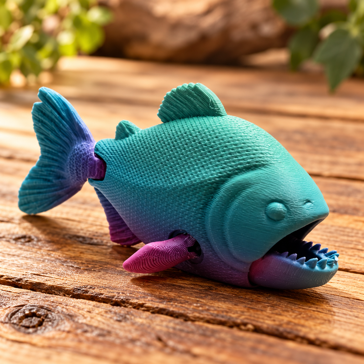 Teal and purple 3D printed piranha finger puppet on a rustic wooden table