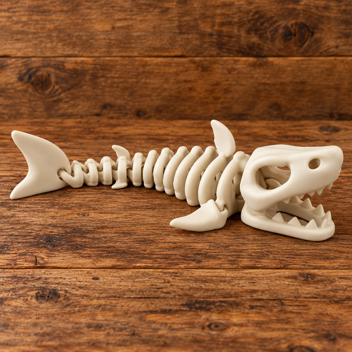 Bone-white articulated skeleton shark 3D print on rustic wood background