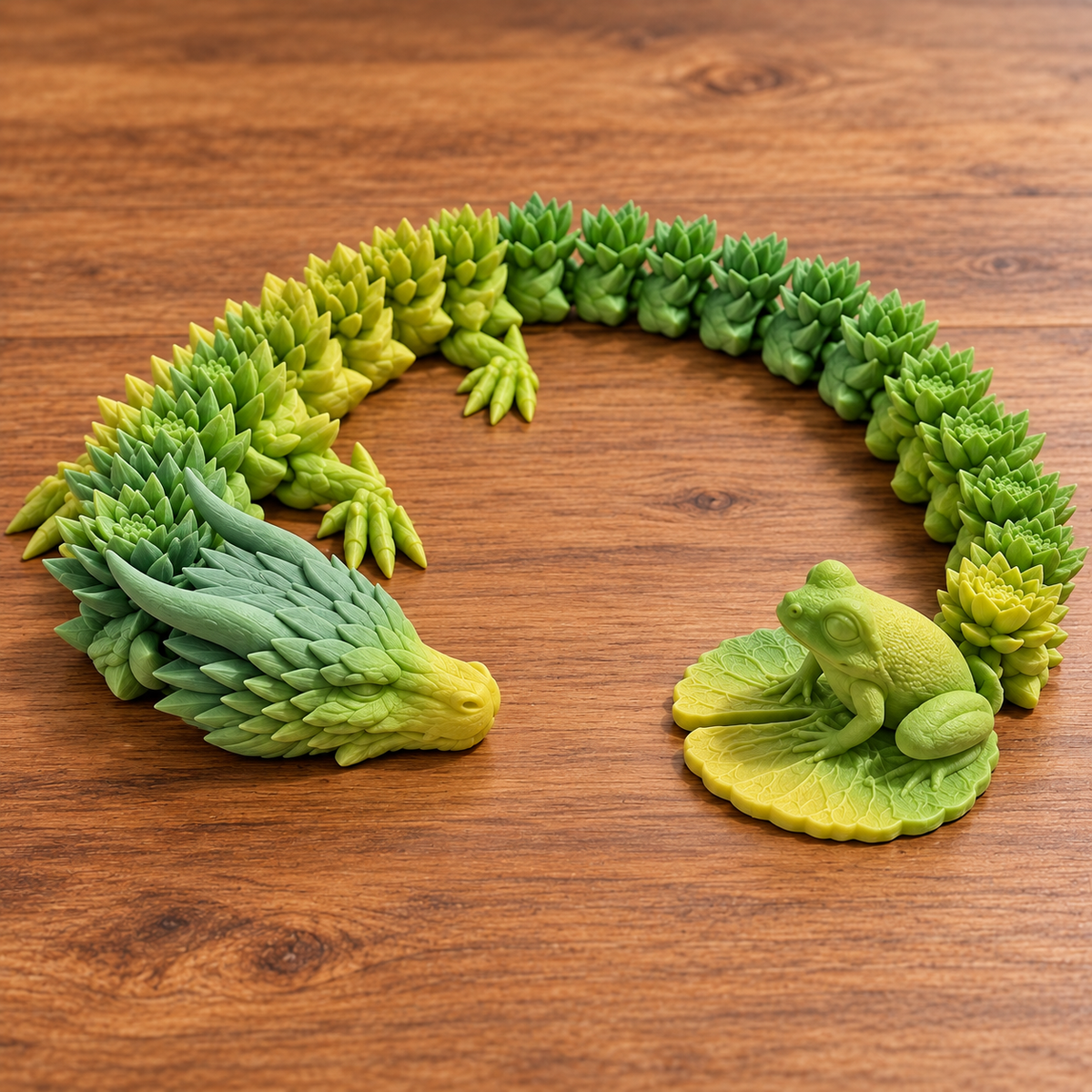3D printed succulent dragon with frog on rustic wood background